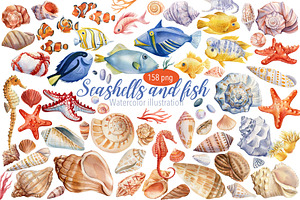 Seashells and fish, watercolor