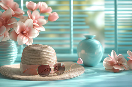 A stylish straw hat rests beside elegant pink flowers and a turquoise vase, rad, a Business Photo by ImageMir