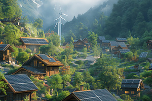 A picturesque mountain village with wooden houses, solar panels, and a wind tur, a Transportation Photo by Textures & Backgrounds