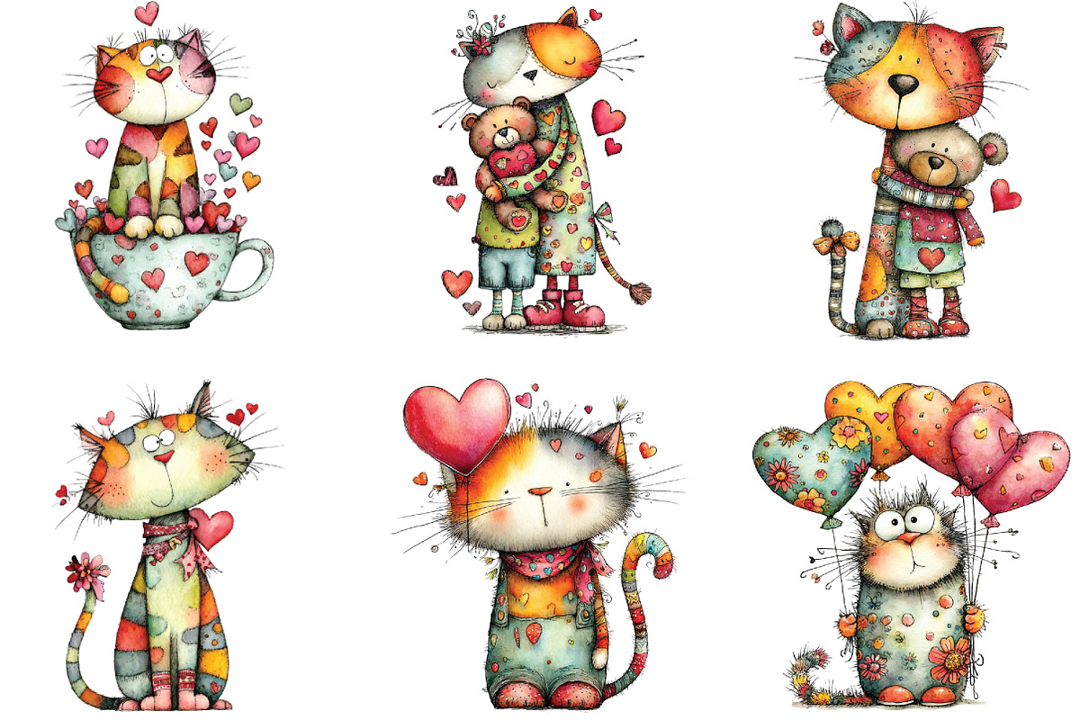 Quirky Valentine Day Cats Clipart, an Illustration by CraftArtStudio (Photo 2 of 6)