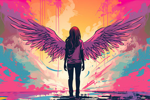 Teenage girl standing against angel, a Photo by LOGOCREATIVE