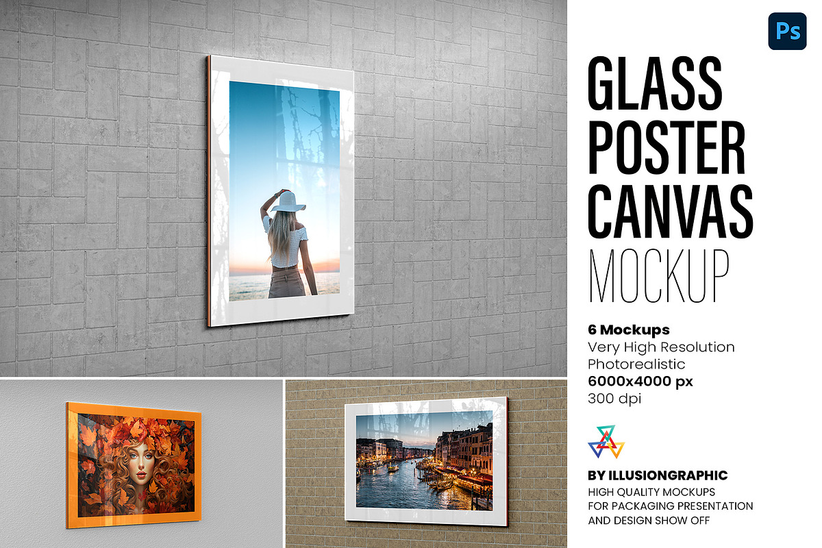 Glass Poster Canvas Mockup - 6 views, an Advertising Mockup by Illusiongraphic (Photo 1 of 18)