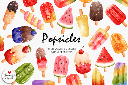Watercolor Popsicles Clipart, a Food Illustration by Chonnieartwork
