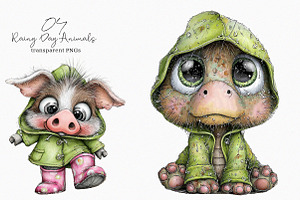 Rainy Day Animals Watercolor Clipart, an Illustration by SinaCreation