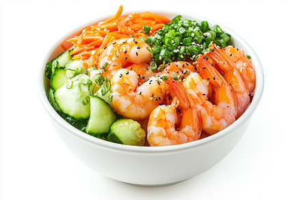 Healthy poke bowl with rice, vegetables and shrimps, a Food & Drink Photo by AlyaAnd