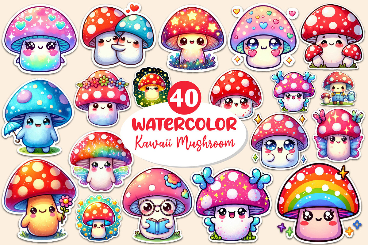Kawaii Mushroom Stickers Clipart, an Illustration by Dream Creation (Photo 1 of 5)