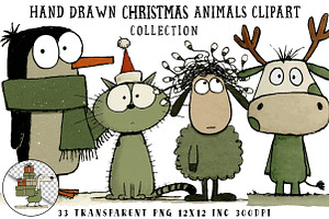 Hand Drawn Christmas Animals Clipart, an Illustration by OK Design