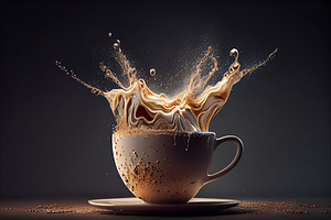 Cup Of Splashing Coffee On Black Background. Free Space For Text