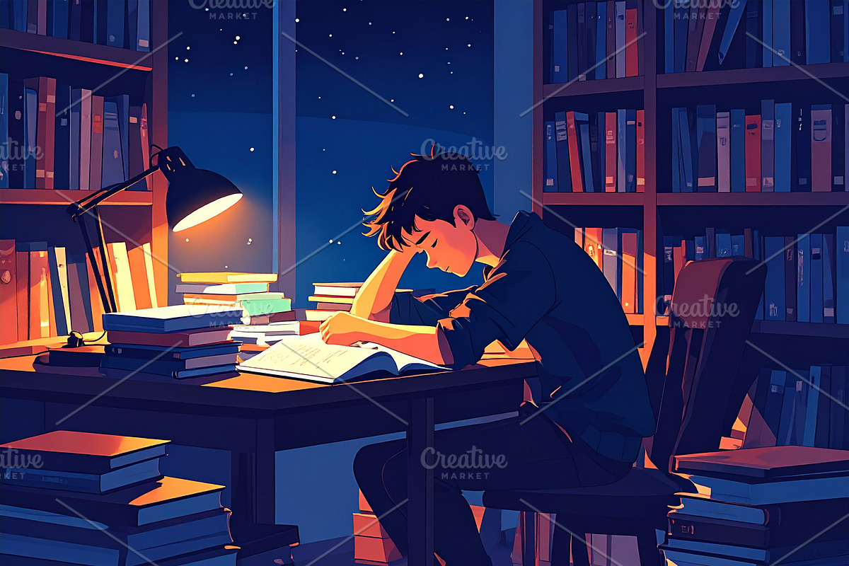Stressed student surrounded by books and papers at bedroom, an Education Illustration by DanFLCreativo