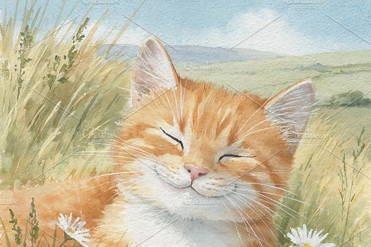 Ginger kitten enjoying the sunshine, sitting happily in a field, an Illustration by Studio ANNA