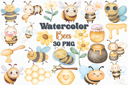 Watercolor Bees Clipart Set