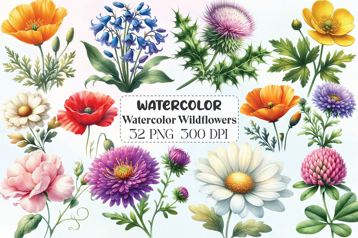 Watercolor Wildflowers Clipart, an Illustration by CraftArtStudio (Photo 1 of 6)