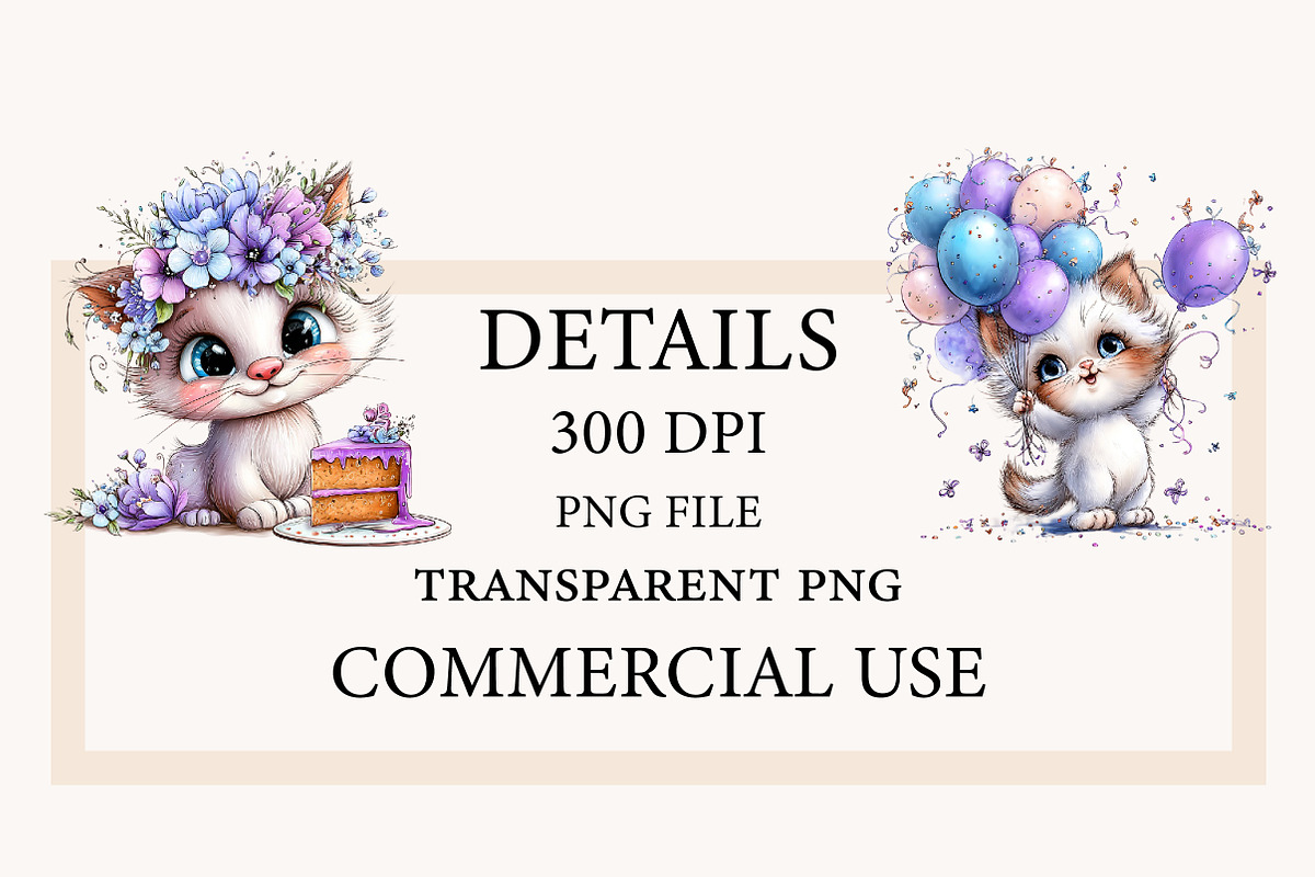 Whimsical Birthday cat Clipart, a Seasonal Illustration by Designworld (Photo 4 of 9)