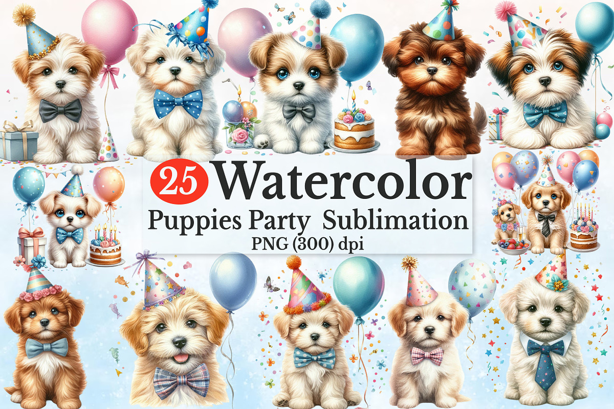 Watercolor Puppies Party Sublimation, a Seasonal Illustration by Rose Art (Photo 1 of 7)
