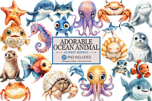 Adorable Ocean Animals Collection, an Illustration by Pixels.Craft