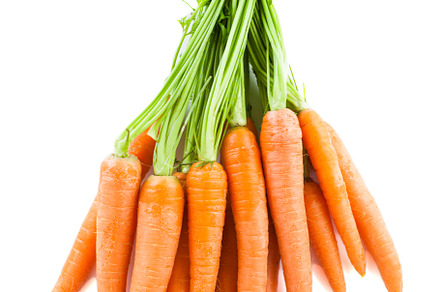 Bunch of fresh carrots with green tops. Isolated on a white., a Food & Drink Photo by FoodStock