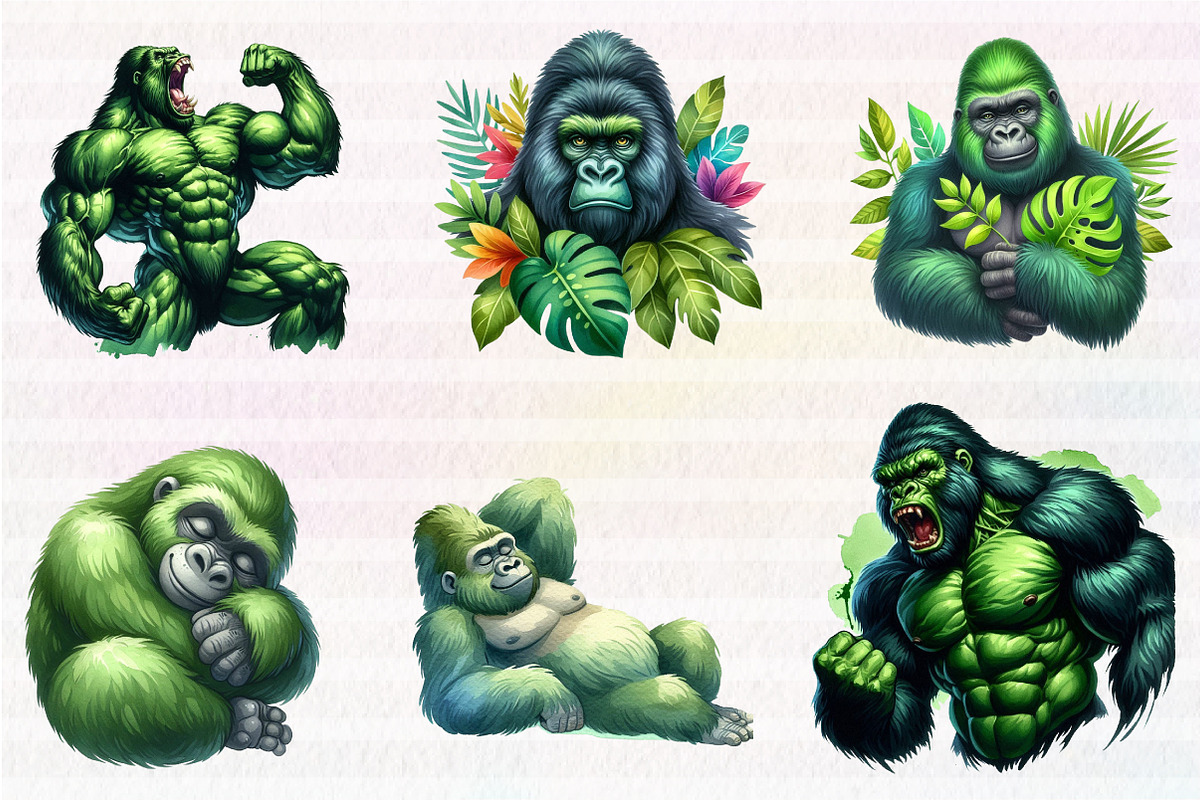 Watercolor Green Gorilla Collection, an Illustration by CreationArt (Photo 4 of 5)