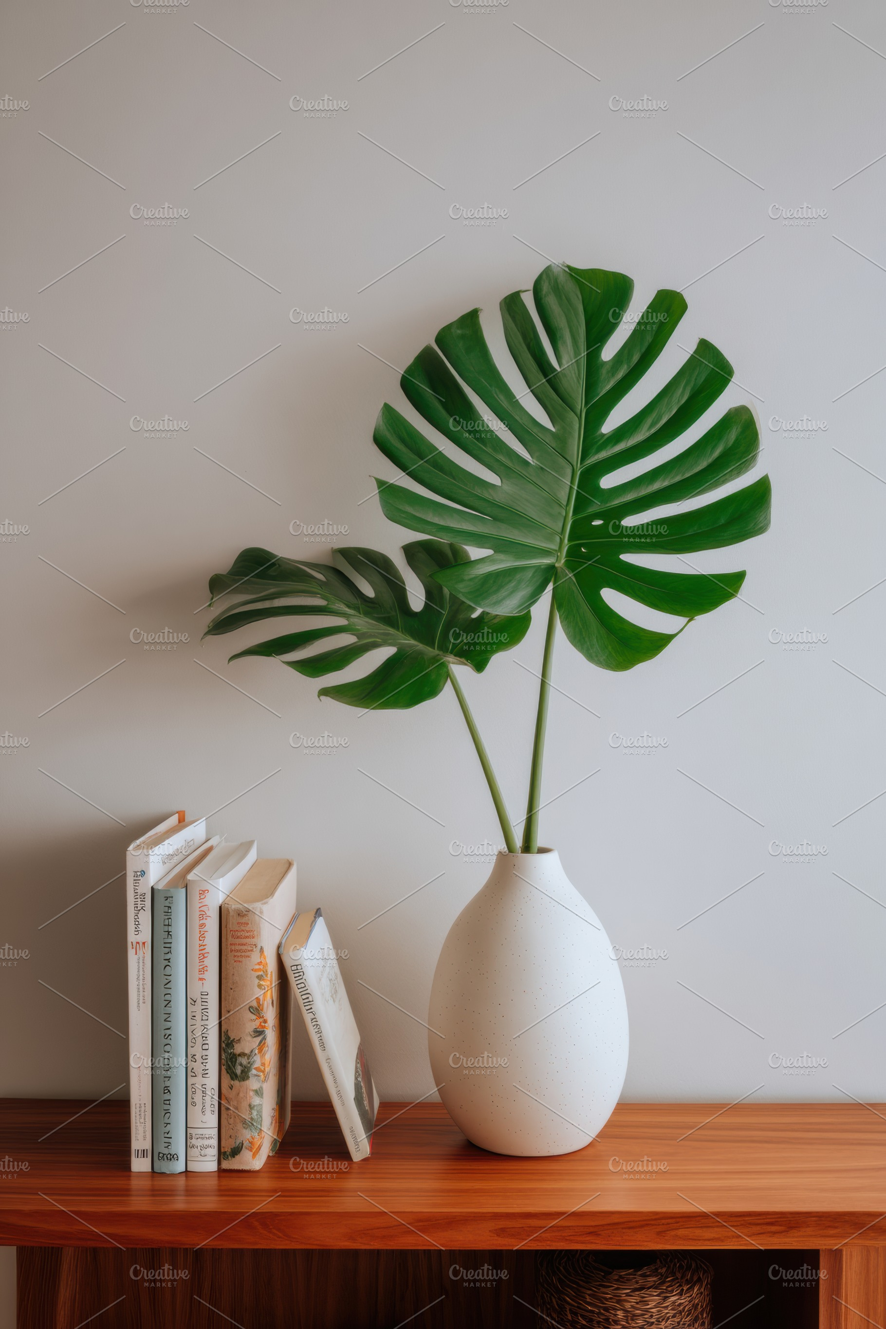Green monstera leaf in ceramic vase, an Architecture Photo by Virgo Studio