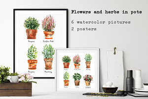 Watercolor Herbs And Flowers In Pots