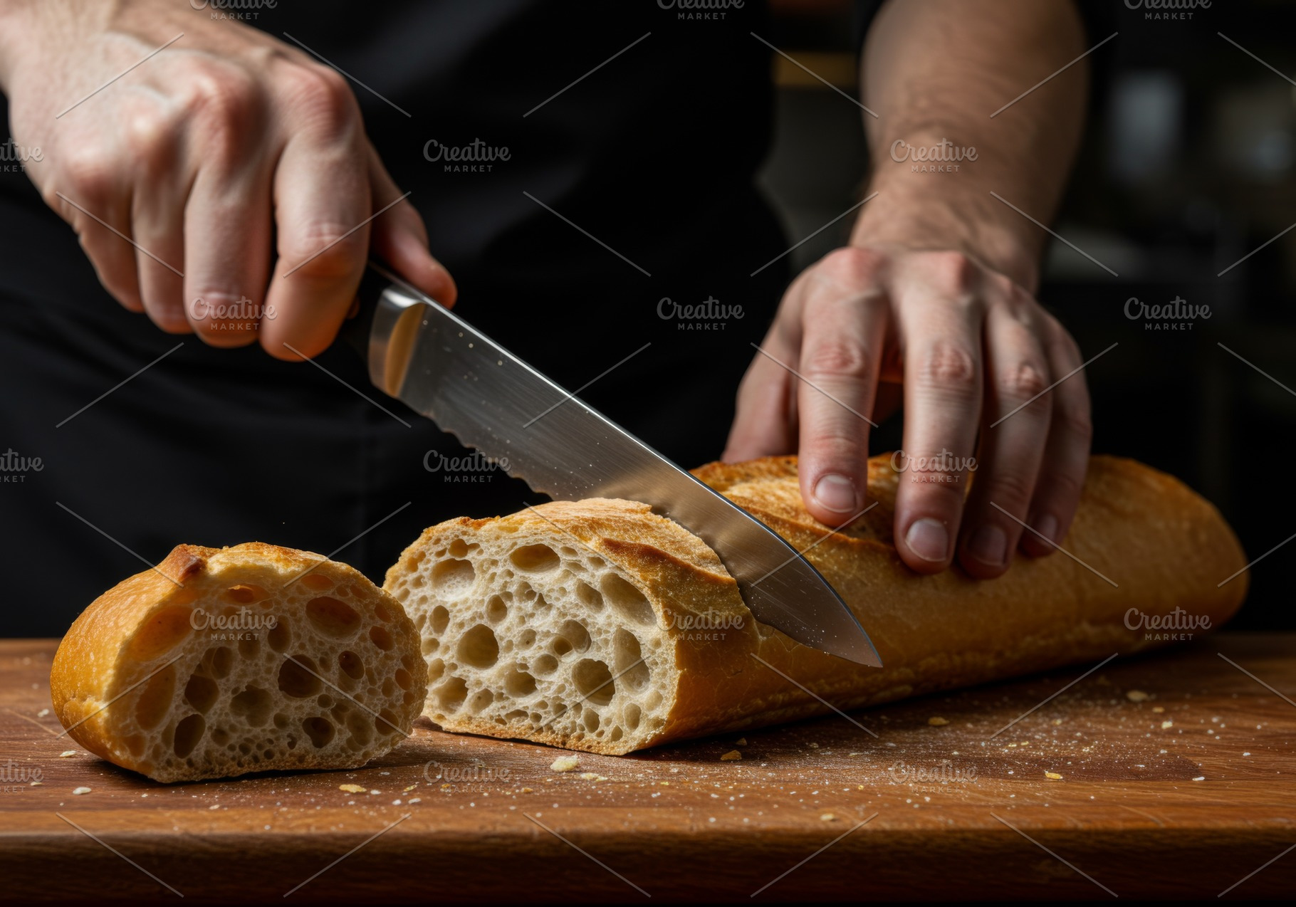 Man slicing a crusty baguette on a w, a Food & Drink Photo by professorinc