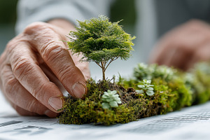 Sustainable business concept with hands planting a miniature tree on moss to il, a Photo by AS photostudio
