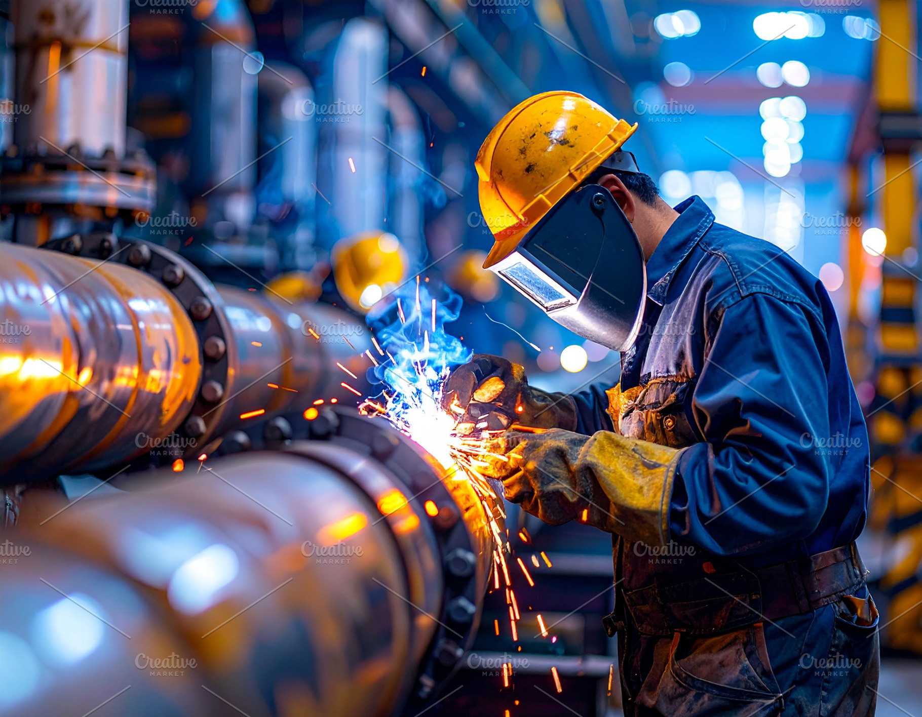Workers weld thick boiler pipes inside a busy mechanical room, an Industrial Photo by DanFLCreativo