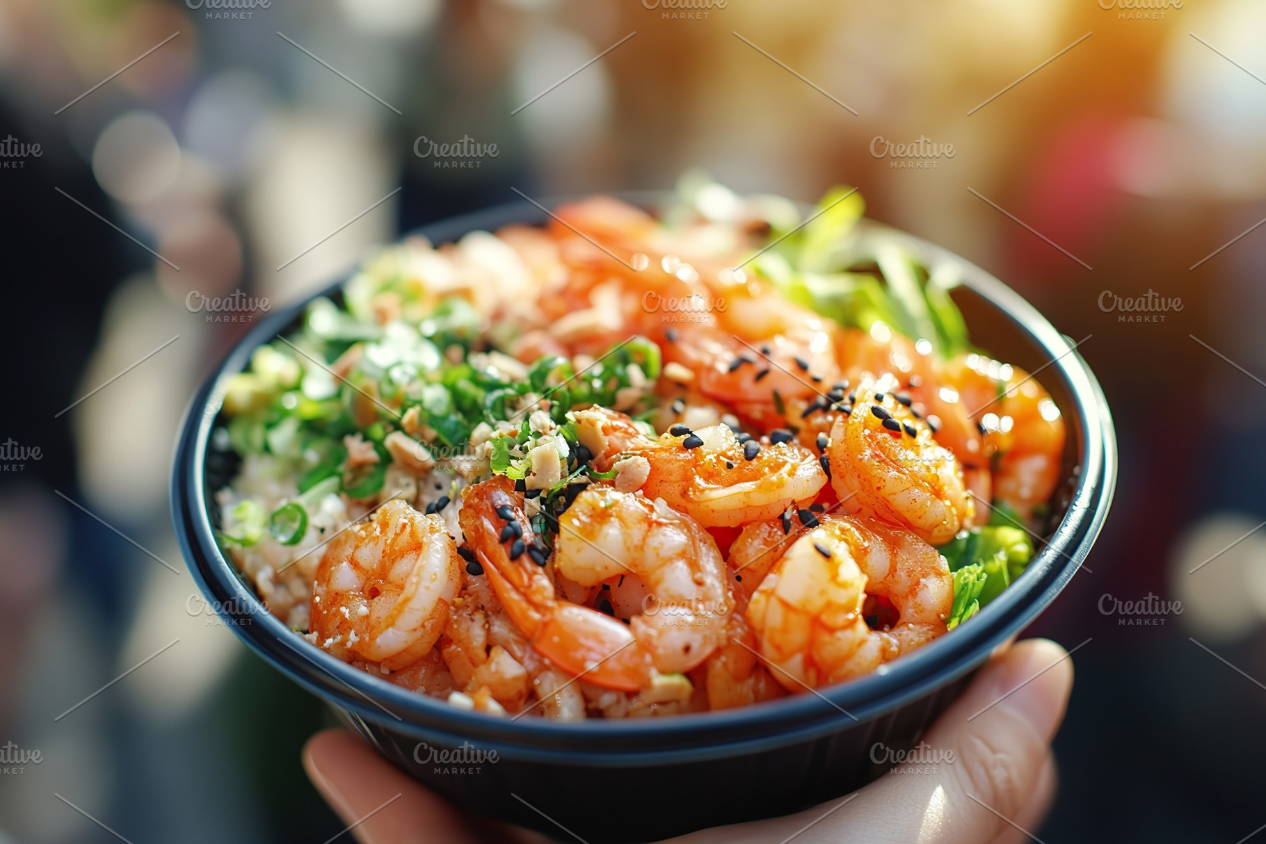 Healthy poke bowl with rice, vegetables and shrimps, a Food & Drink Photo by AlyaAnd