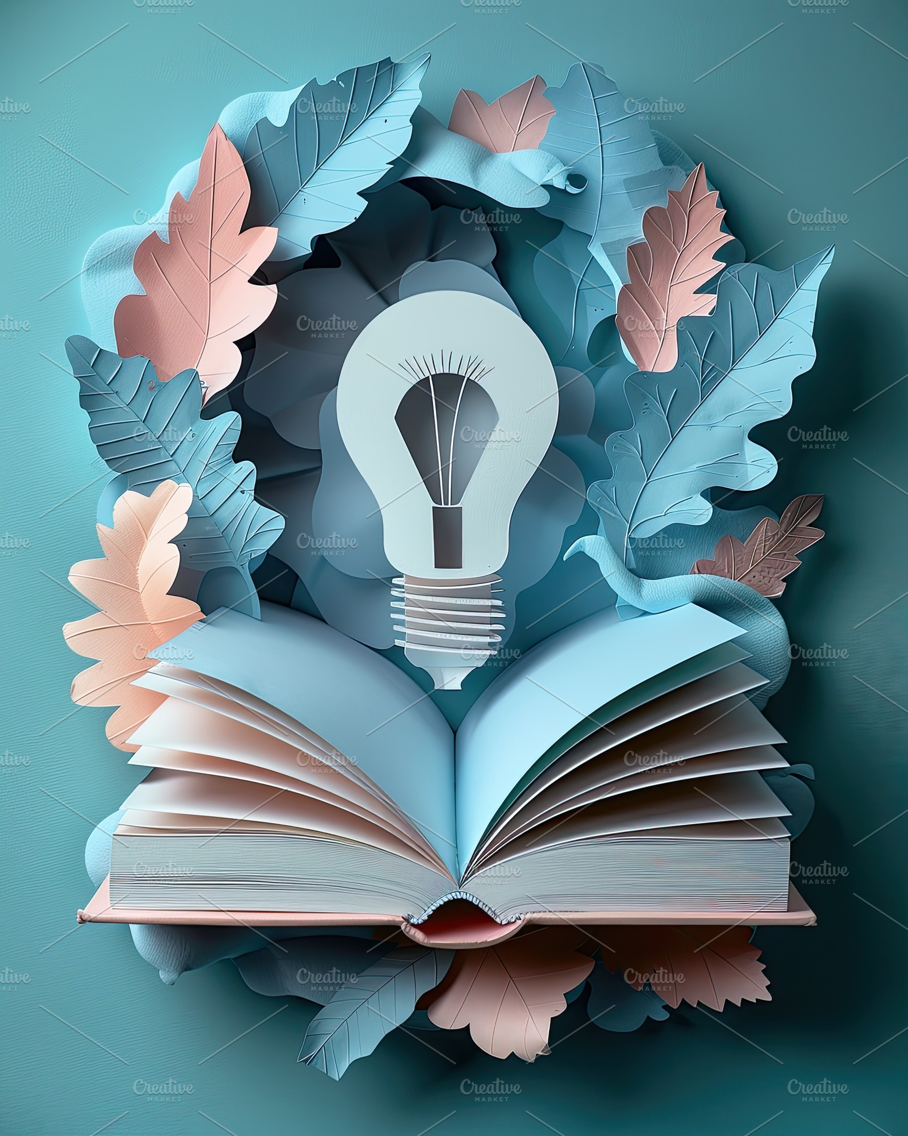 Open book with pastel pages surrounded by paper leaves and light, a Background Photo by José Manuel Gelpi