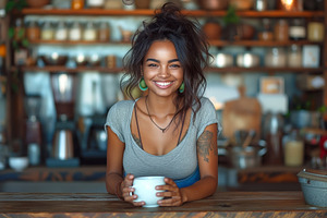 Smiling young woman of mixed ethnicity in a cozy café, enjoying, a Person Photo by ImageMir