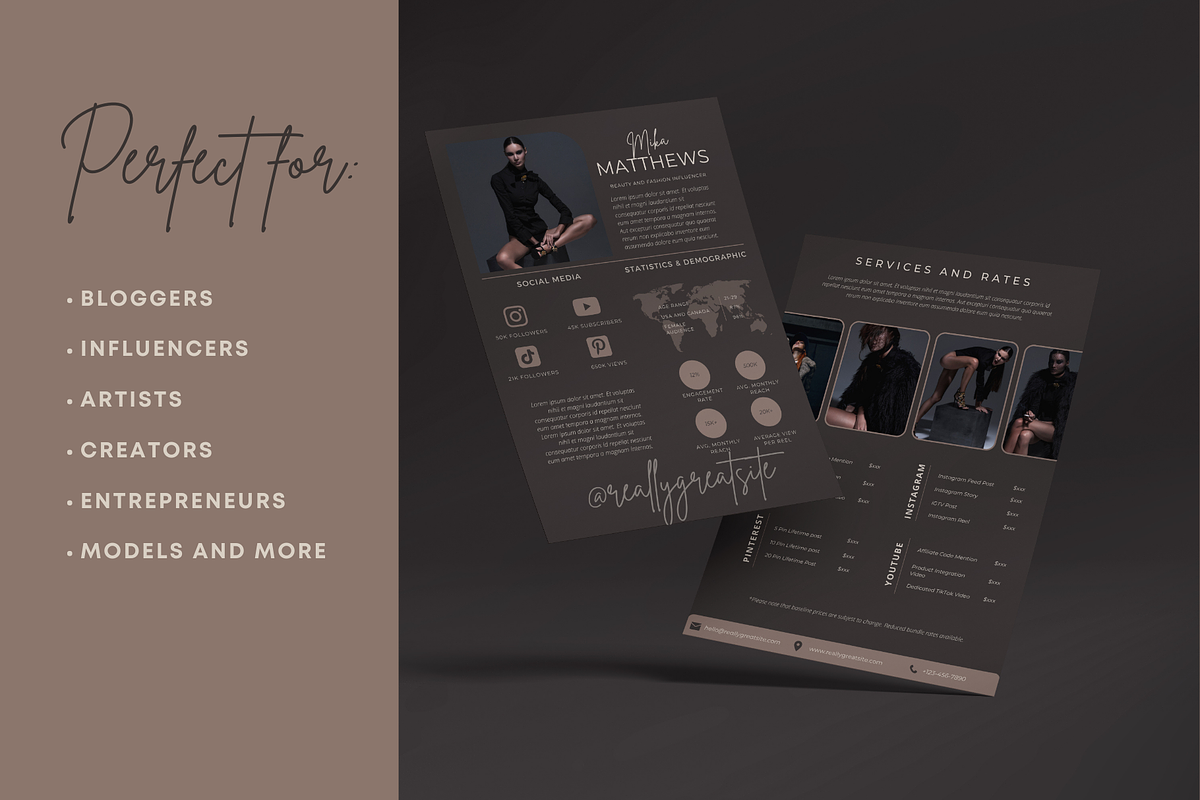 4 Page Media Kit Template Dark Theme, a Presentation Template by CoCreatorDesigns (Photo 6 of 10)