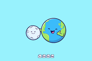 Cute Earth Hugs Moon Cartoon Vector, an Education Illustration by tkzgraphic