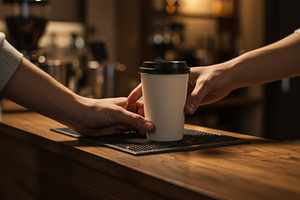 Barista handing a takeaway coffee, a Food & Drink Photo by professorinc