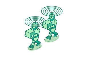Isometric two robots carrying boxes, an Illustration by Booblgum