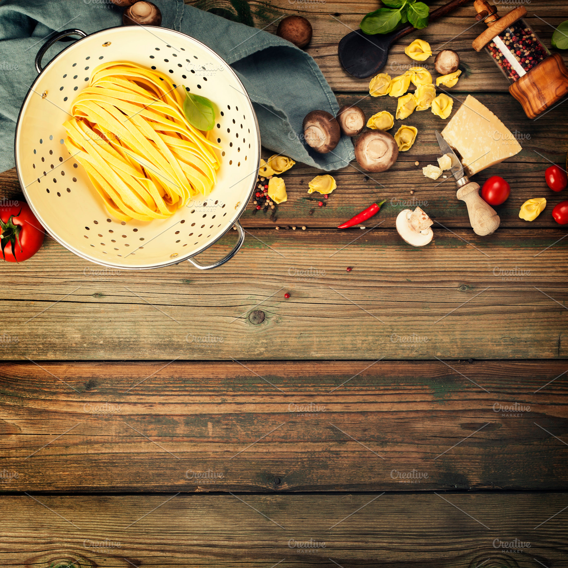 Cooking background with fresh pasta tagliatelle and mushrooms flat lay copy spa, a Food & Drink Photo by Natalia Klenova's Shop