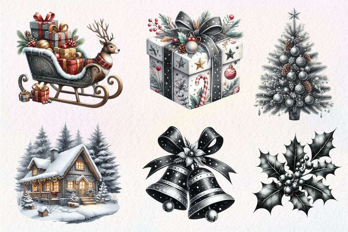 Black and White Christmas Clipart, an Illustration by Dream Creation (Photo 2 of 7)