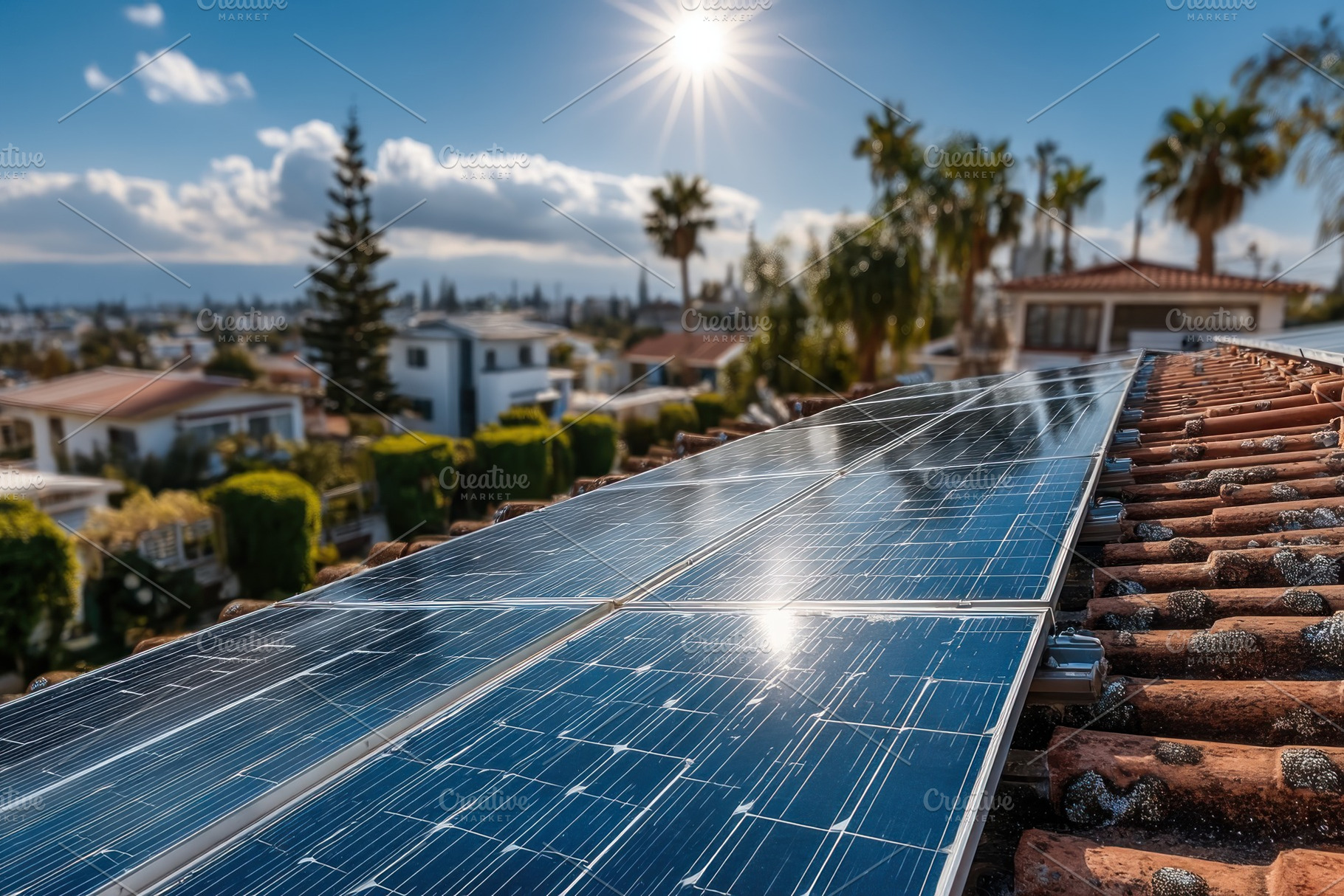 Close-up of rooftop solar panels on terracotta tiles in sunny su, a Technology Photo by José Manuel Gelpi