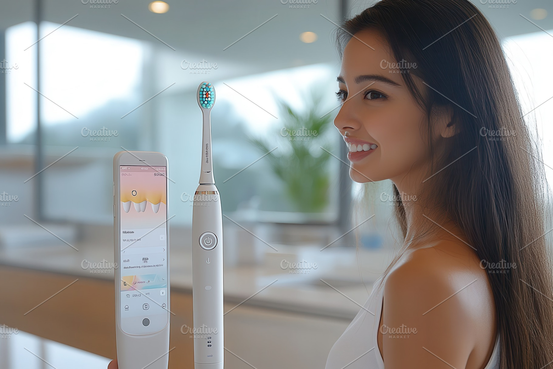 Woman using smart toothbrush while e, a Photo by Tanuart
