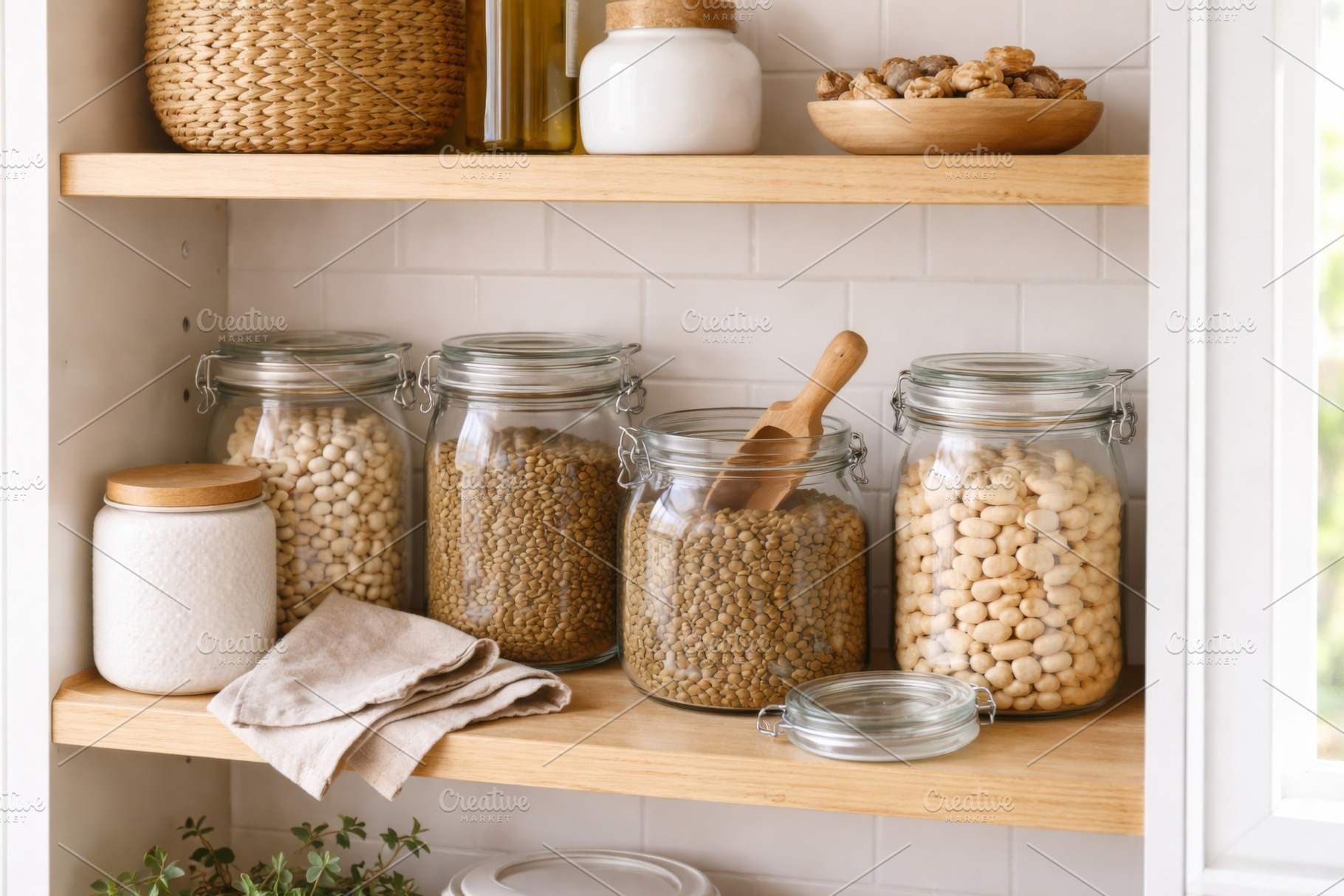 Kitchen pantry shelves with jars of, a Photo by Dvoevnore photos
