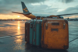 Luggage awaits at the airport during, a Photo by Tanuart