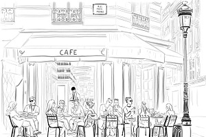 Paris Cafe Drawing Travel, a Food Illustration by PageLightStudios