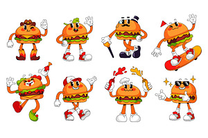 Burger character. Retro cartoon, a Food Illustration by Ksania