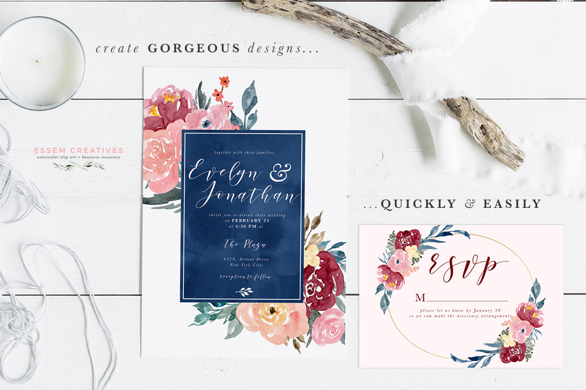 Burgundy Blush Navy Flowers Clipart, an Illustration by Essem Creatives (Photo 2 of 7)