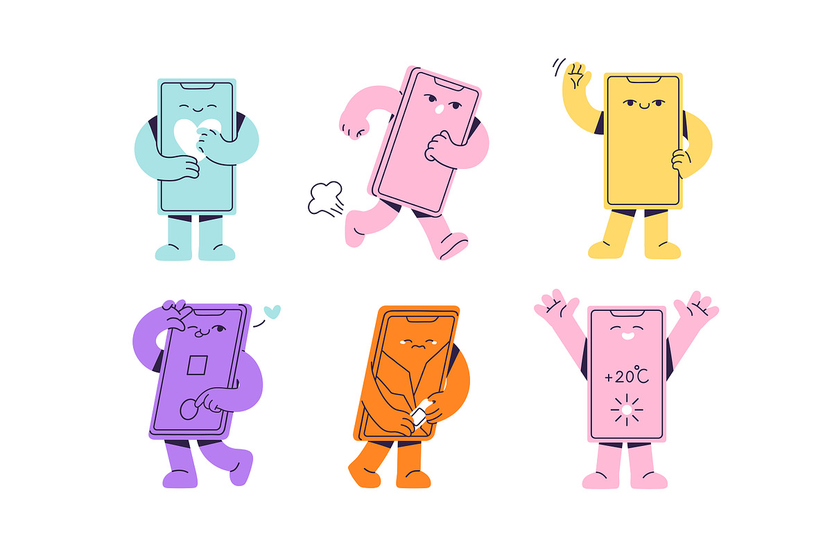 Cute smartphone mascots set, a Technology Illustration by PaperTrident (Photo 2 of 6)