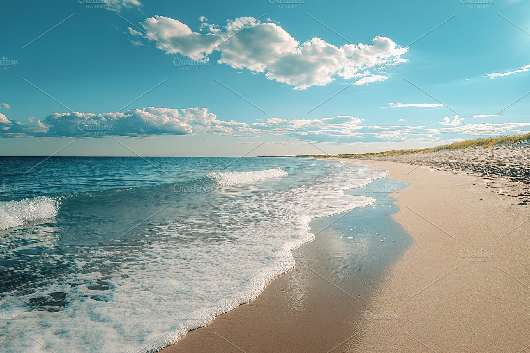 Tranquil beach with gentle waves and blue sky at sunset near the coastline, a Photo by AlyaAnd