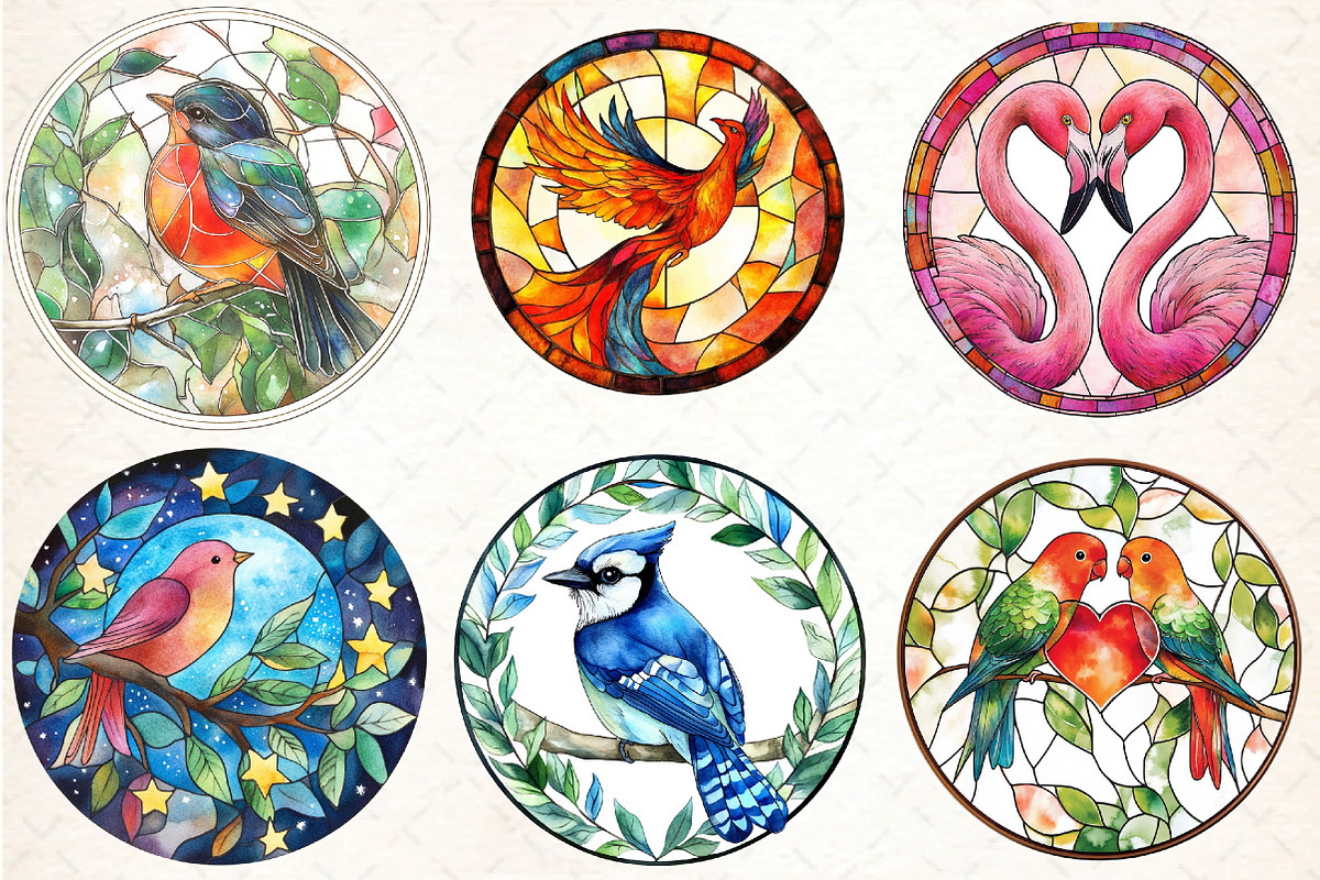 Round Stained Glass Birds Clipart, an Illustration by DreamCafeArt (Photo 3 of 9)