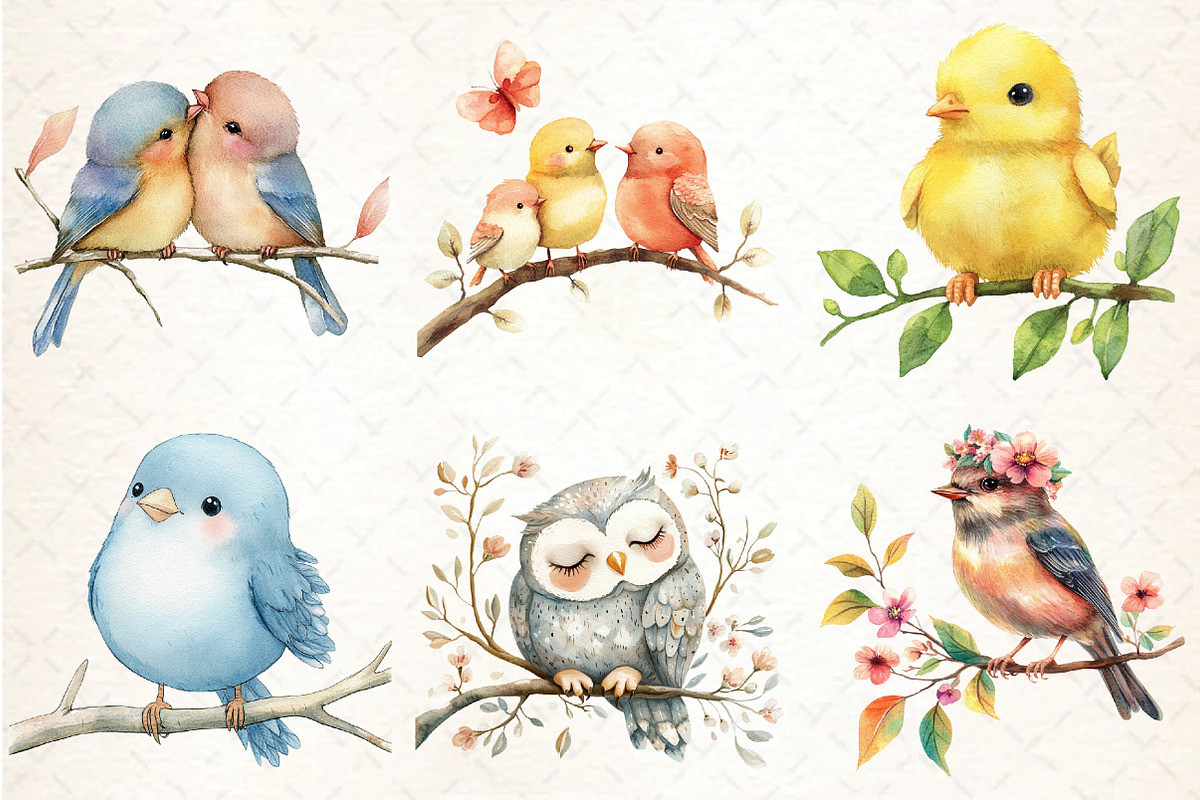 Cute Birds on Branch Clipart, an Illustration by DreamCafeArt (Photo 3 of 9)