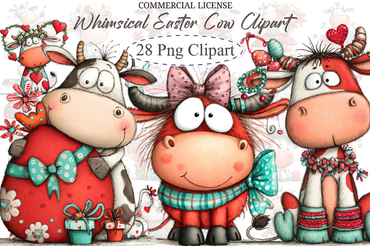 Whimsical Easter Cow Clipart, an Illustration by designcity5 (Photo 1 of 5)