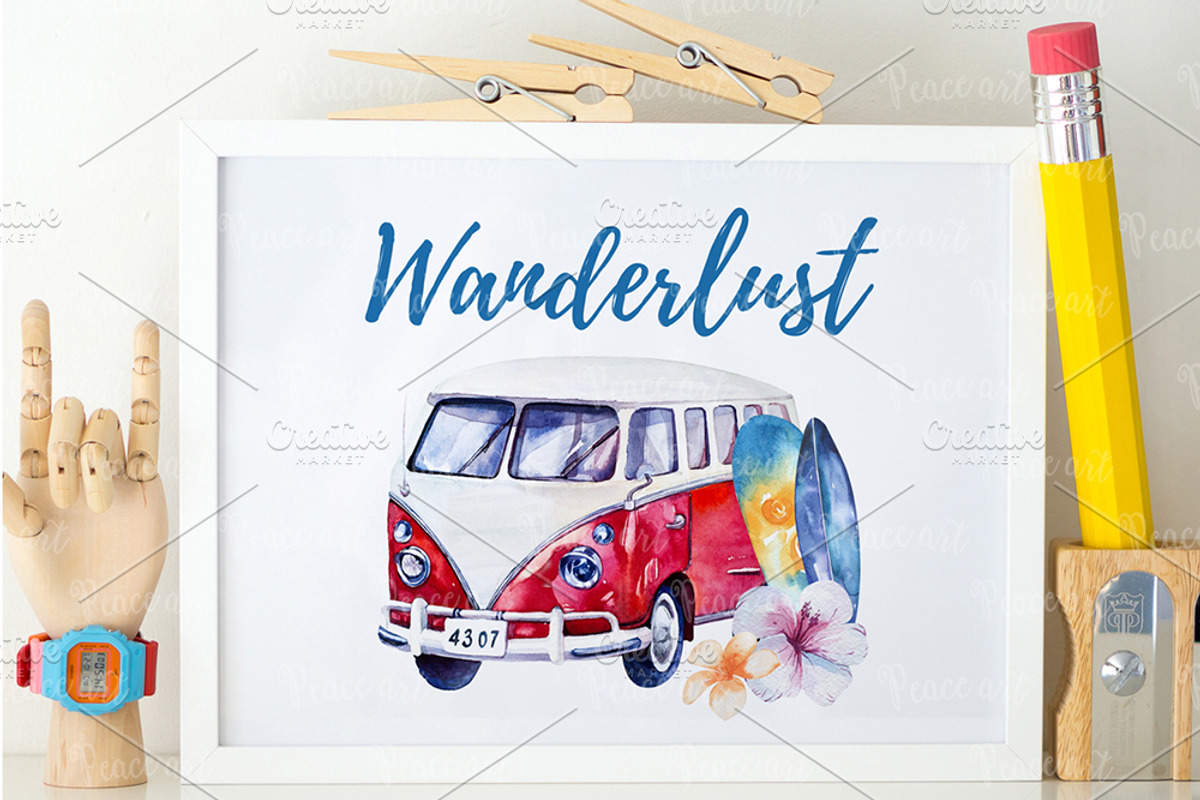 Watercolor travel & surfung set, a Transportation Illustration by Peace ART (Photo 3 of 5)