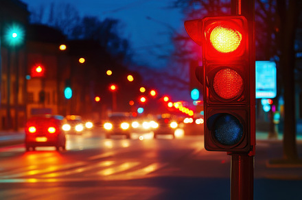 Red traffic light glows brightly at, a Photo by Iftikhar Alam