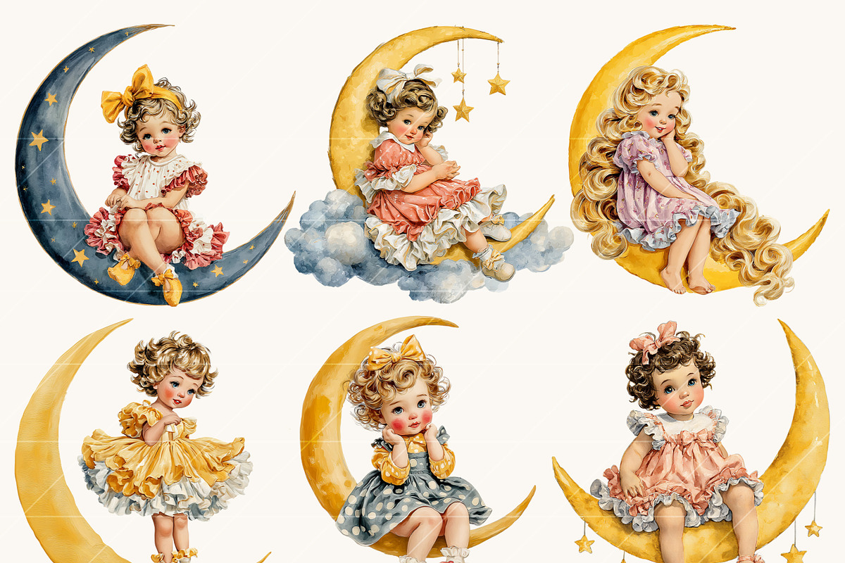 Vintage Girls on the Moon Clipart, a Person Illustration by BusyDaydesign (Photo 9 of 9)